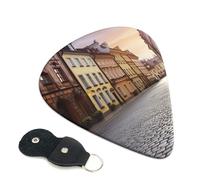 Poland's Historic Center Street Guitar Picks 6 Pack with Leather Guitar Pick Holder Keychain, Plectrum Key Fob Cases Bag, Abstract Art Plectrum for Acoustic Electric Guitar, Ukulele 0.46mm