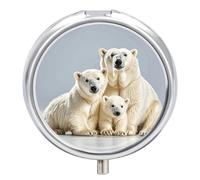 Polar Bear and Cub Pill Box 3 Compartment Small Pill Case with Mirror for Purse & Pocket Travel Medicine Organizer Daily Medication Container Portable Pillbox Metal Medicine Box Round Meds Case