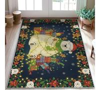 Polar Bear Area Rug, Christmas Festive Presents Gingerbread Man Christmas Dark Blue Non-Slip Backing Doormat Rectangle Print Accents Rug Bathroom Entryway Bedside Laundry Room Decor 3' X 5'