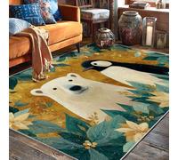 Polar Bear Area Rug, Winter Fanciful Penguin Flowers Winter Gold Non-Slip Backing Home Floor Rectangle Print Carpet Rugs for Living Room Bedroom Under Bed Apartment Decor 5' X 7'