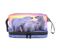 Polar Bear Family at Sunset Double Layer Cosmetic Bag for Women and Girls, Travel Toiletry Bag Makeup Handy Pouch Organiser Bag with Brush Compartment