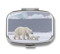 Polar Bear Ice Floe Pill Box Travel Pill Organizer 2-Compartment with Mirror Design Portable Square Medicine Case for Vitamins, Jewelry & Essentials Durable Pocket Pillcase for Purse, Camping