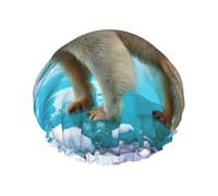 Polar Bear Ice Print Soft Lined Shower Cap, Double Layer Washable Wide Elastic Band Hair Shower Cap For Bath