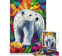 Polar Bear in Floral Stained Glass 1000 Pieces Jigsaw Puzzles for Adults Mind Puzzle Soft Relax Image Assembly Santa Wish Item (38x26cm)