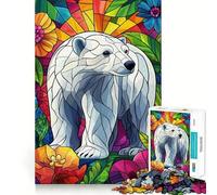 Polar Bear in Floral Stained Glass 1000 Pieces Jigsaw Puzzles for Adults Mind Puzzle Soft Relax Image Assembly Santa Wish Item (38x26cm)