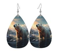 Polar bear in winter Printed leather earrings with teardrop-shaped dangling design, light and soft.