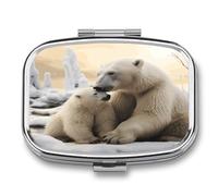 Polar Bear Love Pill Box 2 Compartment Small Square Pills Case Portable for Pocket Pill Organizer Travel Metal Pill Holder for Office Home Vitamin Medicine Fish Oil