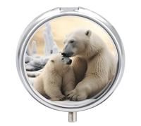 Polar Bear Love Pill Case Portable Round Pill Box with Mirror 3 Compartments Small Pill Organizer for Pocket Purse Pill Container for Vitamins Fish Oil Medicine Organizer Travel Gift