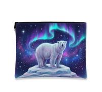 Polar Bear Makeup Bag, Galaxy Aurora Cosmetic Pouch for Women, Portable Canvas Zipper Organizer, Winter Travel Toiletry Bag, White, 7x9 Inch, Bear