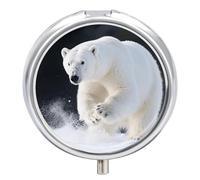 Polar Bear Metal Pill Organizer, 3 Compartment Waterproof Pill Case with Mirror for Purse Pocket Bag, Daily Medicine Vitamin Holder, Portable Travel Med Container(Round)