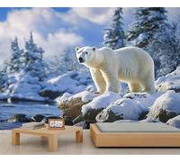 Polar Bear Mural Winter Snow Scene Wallpaper Wild Animals Wall Mural Large Panoramic Accent Wallpaper Bedroom Living Room 3D Sofa Backdrop (Non-self-Adhesive)