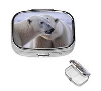 Polar Bear Pill Box 2 Compartment Round Metal Pill Case for Purse & Pocket, Portable Medicine Organizer Travel Pillbox Daily Pill Container Holder to Hold Vitamins, Fish Oil