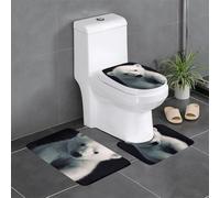 polar bear Printed Printed Flannel Anti-Slip Bath Mat Set of 3-60x40cm | Bathroom Rug Set - Bath Mat + U-Shaped Pedestal Mat + O-Shaped Toilet Seat Cover