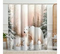 Polar Bear Shower Curtain, White Bear and Cub Winter Bathroom Decor, Modern Minimalistic Nature Scene Shower Curtain Set with Hooks for Holiday Home 72x72 Inch