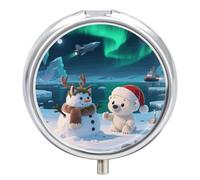 Polar Bear Snowman Pill Box 3 Compartment Round Metal Pill Organizer Portable Mini Travel Medicine Case with Mirror Cute Medicine Container Holder for Pocket Purse
