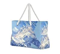 Polar Bear with Snowy Mountains Forests Musical Symbols Surrealist Style Blue Sandproof Zippered Tote Bags with side pocketes Bag Sandproof Outdoor Tote with cup holders on the side
