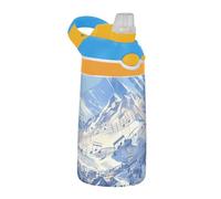 Polar Bear with Snowy Mountains Forests Musical Symbols Surrealist Style Blue Sports Water Bottle with Straw Lightweight Travel Water Bottle for Sport Gym Outdoor Travel School Botella de agua