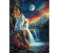 Polar Bears at A Waterfall Under The Moon 500 Pc Classic Jigsaw Puzzle Wildlife Pet Puzzle for Adults Hard Challenging Hobby Home Decor Poster Smooth Wooden Cardboard 500 PCS