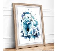 Polar Bears in Blue Modern Framed Wall Art Print A1 (84.1×59.4cm) Oak, Wall Decor for Living Room, Bedroom, Office & Home, Ready to Hang, Art Gift