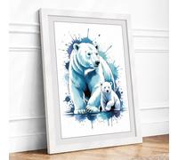 Polar Bears in Blue Modern Framed Wall Art Print A2 (59.4×42cm) White, Wall Decor for Living Room, Bedroom, Office & Home, Ready to Hang, Art Gift
