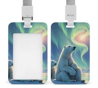 Polar Bears & Northern Lights Badge Holder Sliding Vertical Card Waterproof Badge Holder Hard Plastic Lanyard Tag Protector Pouch for Office Nurse Credit Cards Passes