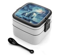 Polar Bears Northern Lights Bento Box with Spoon & Handle - 2 Compartment Leak-Proof Stackable Lunch Box for Adults, BPA-Free Reusable Food Containers for Work, Travel, Picnic