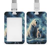 Polar Bears Northern Lights Id Badge Holder with Lanyard, Clear Vertical Card Protector Waterproof, Breakaway Safety Neck Strap, Heavy Duty Name Tag Holder for Nurse Teacher Officer Staff Women Men