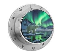 Polar Bears Northern Lights Mechanical Kitchen Timer for Cooking 60 Min with Magnetic Backing Loud Alarm,Stainless Steel Wind Up Countdown Timer Cute Egg Timers for Cooking Studying Gaming Classroom