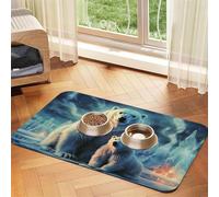 Polar Bears Northern Lights Pet Feeding Mat Absorbent Pu Leather Dog Cat Food Mats Contain Spills Protects Floors, Anti-Slip Rubber Backing Dog Bowl Mats Easy Clean Pet Placemats 40x60cm