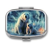 Polar Bears Northern Lights Pill Box 2 Compartment, Portable Pill Case with Mirror for Pocket Purse Travel, Mini Metal Medicine Organizer for Vitamins Fish Oil