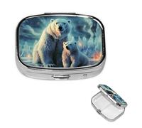 Polar Bears Northern Lights Pill Case 2 Compartments, Metal Square Portable Pill Box with Mirror, Waterproof Travel Pill Organizer for Purse & Pocket, Small Medicine Vitamin Holder Unique Gift