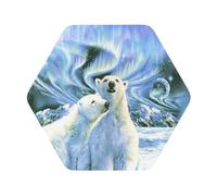 Polar Bears Northern Lights Printed Coasters Set of 4, Tabletop Protection Leather Coasters for Cup Drinks Coffee Pads Beer Bar Mat Gifts, Hexagon