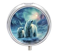 Polar Bears Northern Lights Round Pill Box 3 Compartment Medicine Pill Organizer with Mirror Travel Small Pill Case Cute Vitamin Organizer Portable Daily Pill Container for Pocket Purse