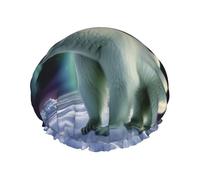 Polar Bears Northern Lights Shower Cap For Women Reusable Double Layers Bathing Bath Cap Hair Caps Waterproof Elastic Band Ladies Spa Salon Shower Hat Hair Caps