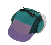Polar Fleece 5 Panel Baseball Cap with Ear Flap, Winter Contrast Color Flat Brim Cap for Men Women (UK, Alpha, One Size, Green/Purple)