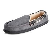 Polar Mens Memory Foam Duel Size Moccasin Loafer Outdoor Durable Rubber Sole Cozy Faux Fur Plush House Slipper - Grey Suede - UK12-13/EU46-47 - EA0635