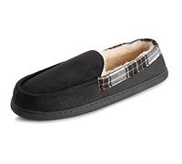Polar Mens Memory Foam Duel Size Moccasin Loafer Outdoor Durable Rubber Sole Cozy Faux Fur Plush House Slipper - Black Suede - UK10-11/EU44-45 - EA0636