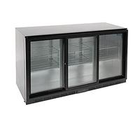 Polar Refrigeration G-Series 350W Back Bar Cooler Display Fridge 320 Litre, 3 Sliding Doors, Black, 2°C to 8°C, 850(H)x1350(W)x520(D)mm, 6 Shelves, Capacity 180x 330ml Bottles, Energy Rating E | GL013