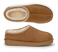 Polar Women’s Faux Suede Shearling Lined Slippers - Warm Memory Foam Indoor Outdoor Slip-On House Shoes with Aztec Trim - Non-Slip Sole for Winter Cosy Comfort - Chestnut - UK 7