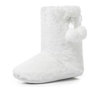 Polar Womens Faux Fur Slipper Boots Memory Foam Indoor Bootie Slipper with Anti-Slip Rubber SoleSoft and Fluffy House Slipper with Cute Pompoms Ankle Boot Slippers - White - UK4