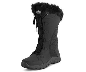 Polar Women's Knee High Winter Boots - Waterproof Fur Lined Quilted Snow Boots with Non Slip Sole, Insulated Warm Outdoor Walking Footwear - Black Nylon Tall - UK8/EU41