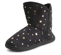 Polar Womens Memory Foam Indoor Faux Fur Fleece Bootie Rubber Sole Comfort Outdoor Anti Slip Durable Slippers - Black/Stars - UK6/EU39 - YC0755