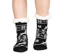 Polar Womens Slipper Socks - Soft Fleece Lined Socks With Sole Grips - Gift Packaging - Snuggly Present For Her - Insulated Warm Fluffy Socks Sherpa Lining - Reindeer Black/Light Grey UK 5/6
