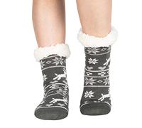 Polar Womens Slipper Socks - Soft Fleece Lined Socks With Sole Grips - Gift Packaging - Snuggly Present For Her - Insulated Warm Fluffy Socks Sherpa Lining - Reindeer Grey/Light Grey UK 7/8