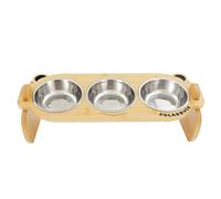 Polarduck Upgraded Elevated Cat Bowls with Food Mat: Raised Pet Food and Water Dishes for Cats with 15°Tilted Little Monster Bamboo Stand, 3 Stainless Steel Bowls and 1 Non-Slip Feeding Mat