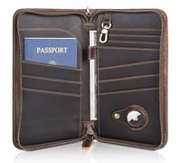 Polare Full Grain Leather Family Travel Passport Wallet and Documents Organizer RFID Blocking Case Holder Fits 6 Passports for Men and Women, Dark Brown with AirTag Slot, Retro