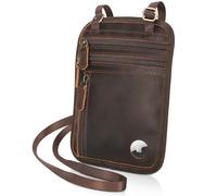 Polare Full Grain Leather Neck Wallet RFID Blocking Conceal Passport Holder Travel Pouch with AirTag Slot for Men, Dark Brown, 5.9 x 8.4 inches, Vintage