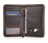Polare Full Grain Leather Passport Holder Cover Case for Men RFID Blocking Travel Wallet Holds 4 Passports, Dark Brown with AirTag Slot, Retro