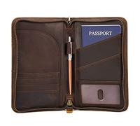 Polare Full Grain Leather Passport Holder with YKK Zipper RFID Blocking Travel Document Organizer Ticket Holder Cover Case Holds 2 Passports, Dark Brown, Vintage