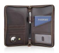 Polare Full Grain Leather Passport Holder With YKK Zipper RFID Blocking Travel Document Organizer Ticket Holder Cover Case Holds 2 Passports, Dark Brown with AirTag Slot, Vintage